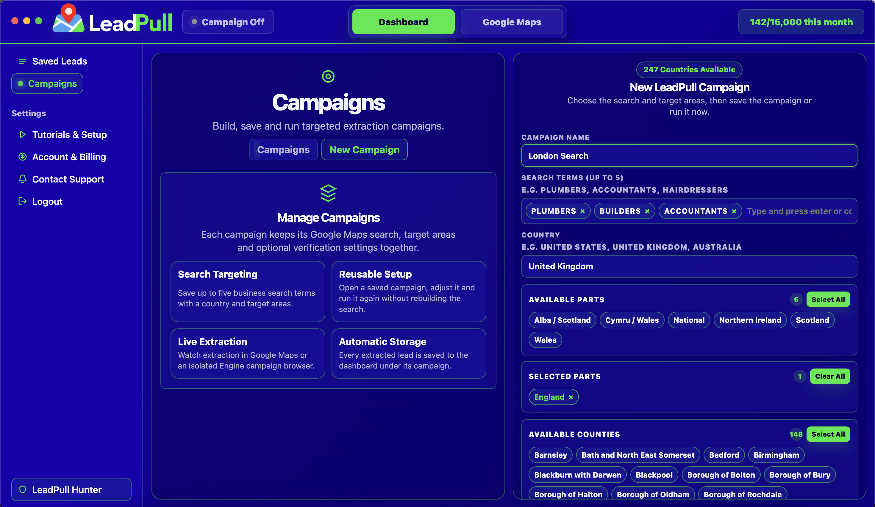LeadPull campaign setup with search terms and target locations