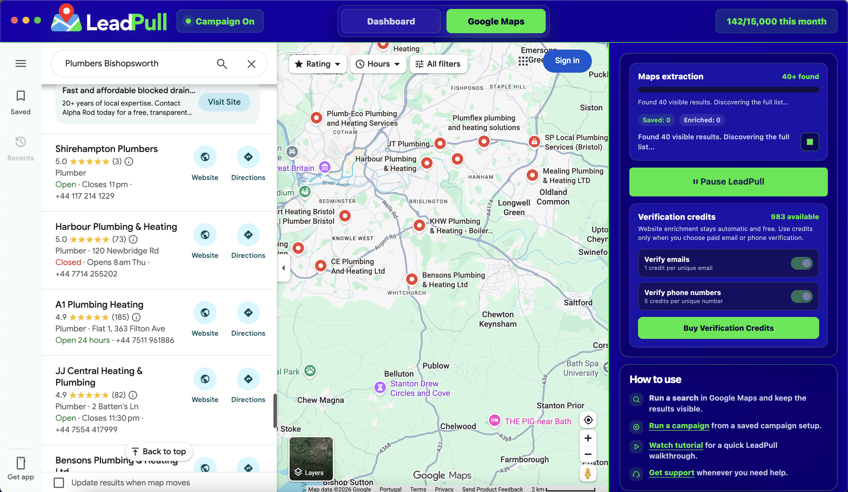 LeadPull searching Google Maps and extracting matching businesses